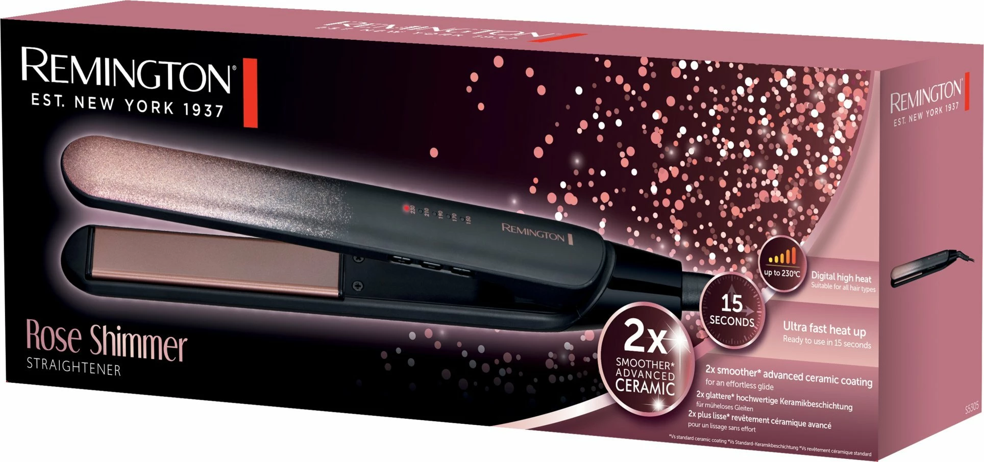 Hekur flokësh Remington S5305 Rose Shimmer 150-230°C, pllaka qeramike, ngrohje 15s, rozë/zi, me këllëf