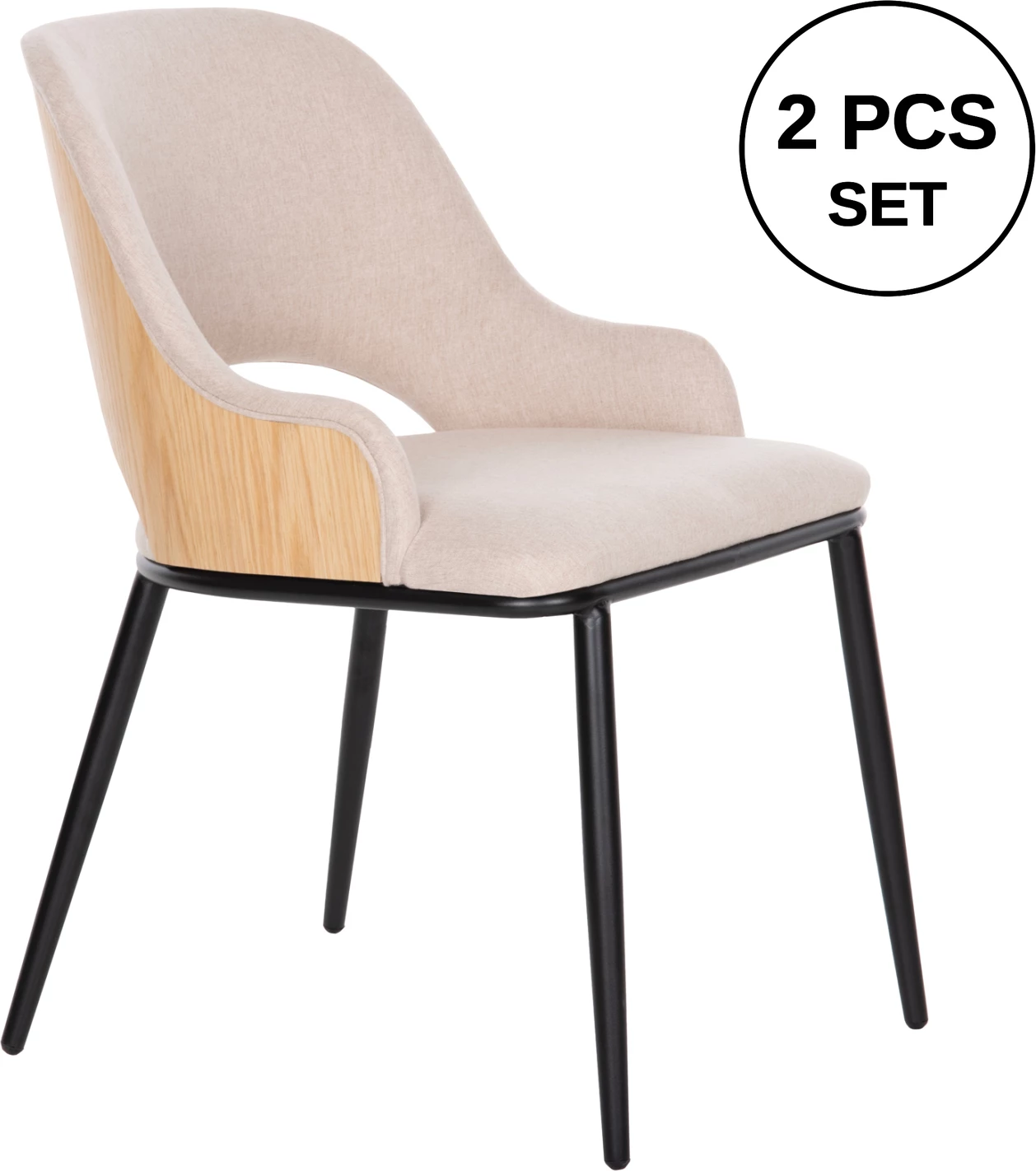 Karrige ngrënieje DELF FH9617.02, pëlhurë bezhë, këmbë metali të zeza, shpinë druri ngjyrë lisi, 48x55x76 cm, set prej 2 copë