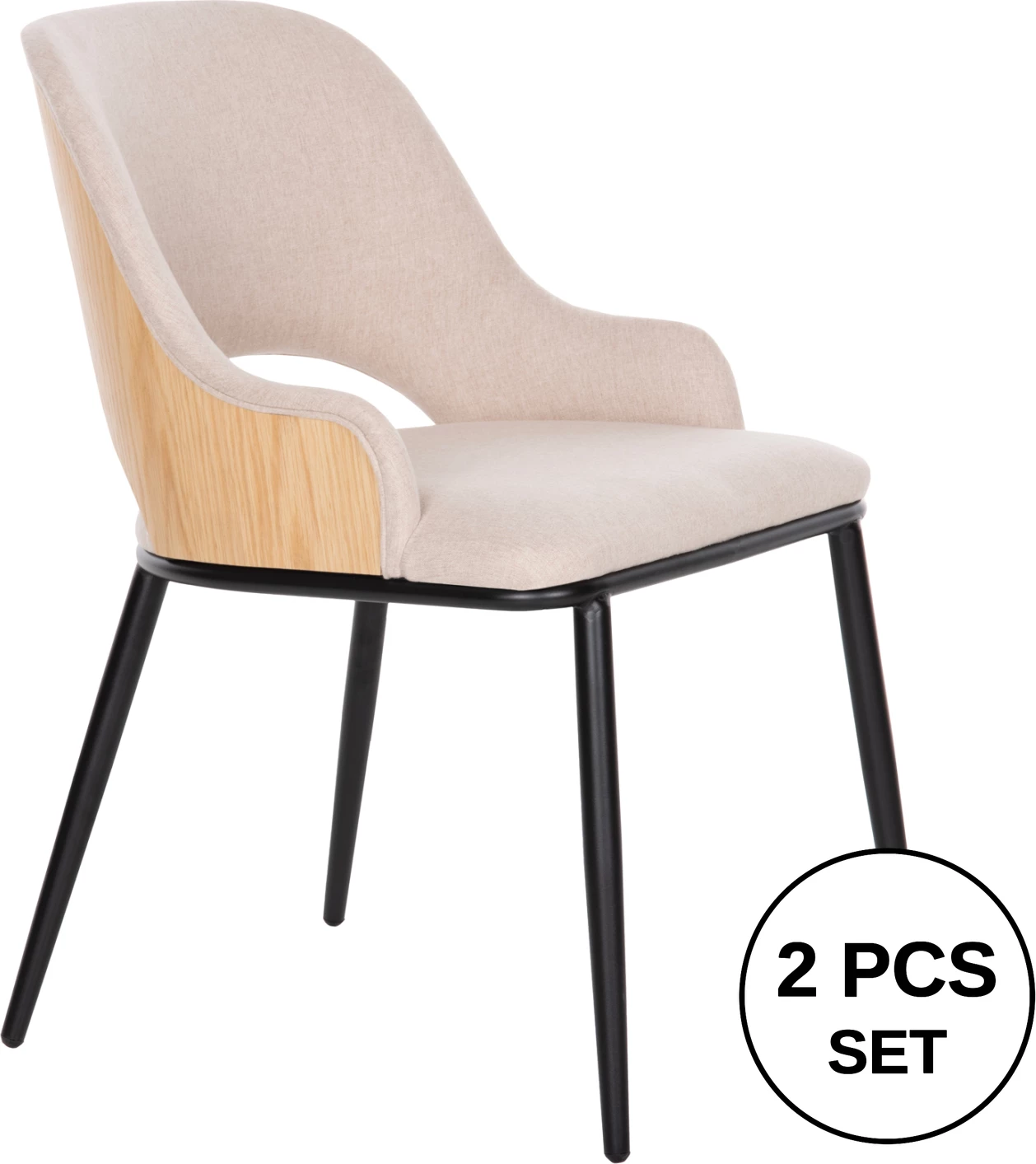 Karrige ngrënieje DELF FH9617.02, pëlhurë bezhë, këmbë metali të zeza, shpinë druri ngjyrë lisi, 48x55x76 cm, set prej 2 copë