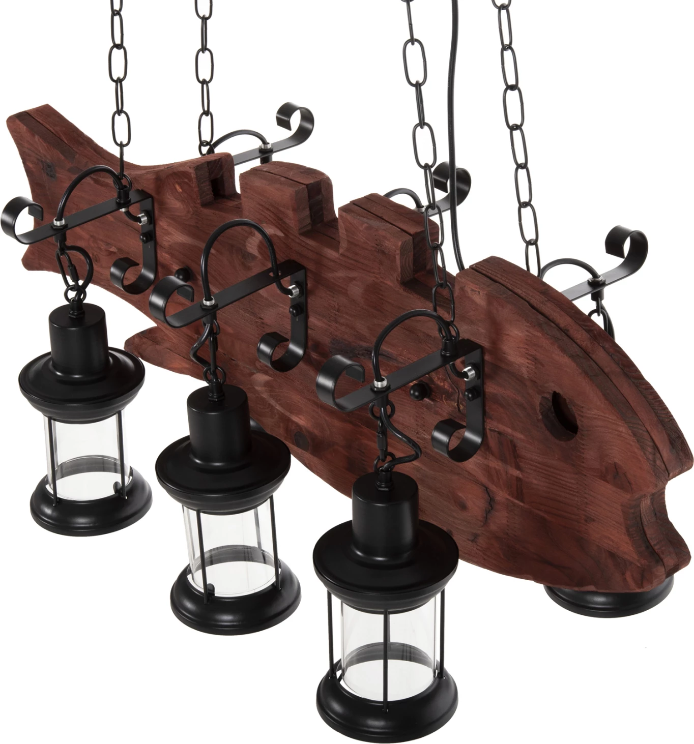 Llambë tavani me 6 drita, FH4118, dru, metal i zi, qelq, 95x35x116H cm