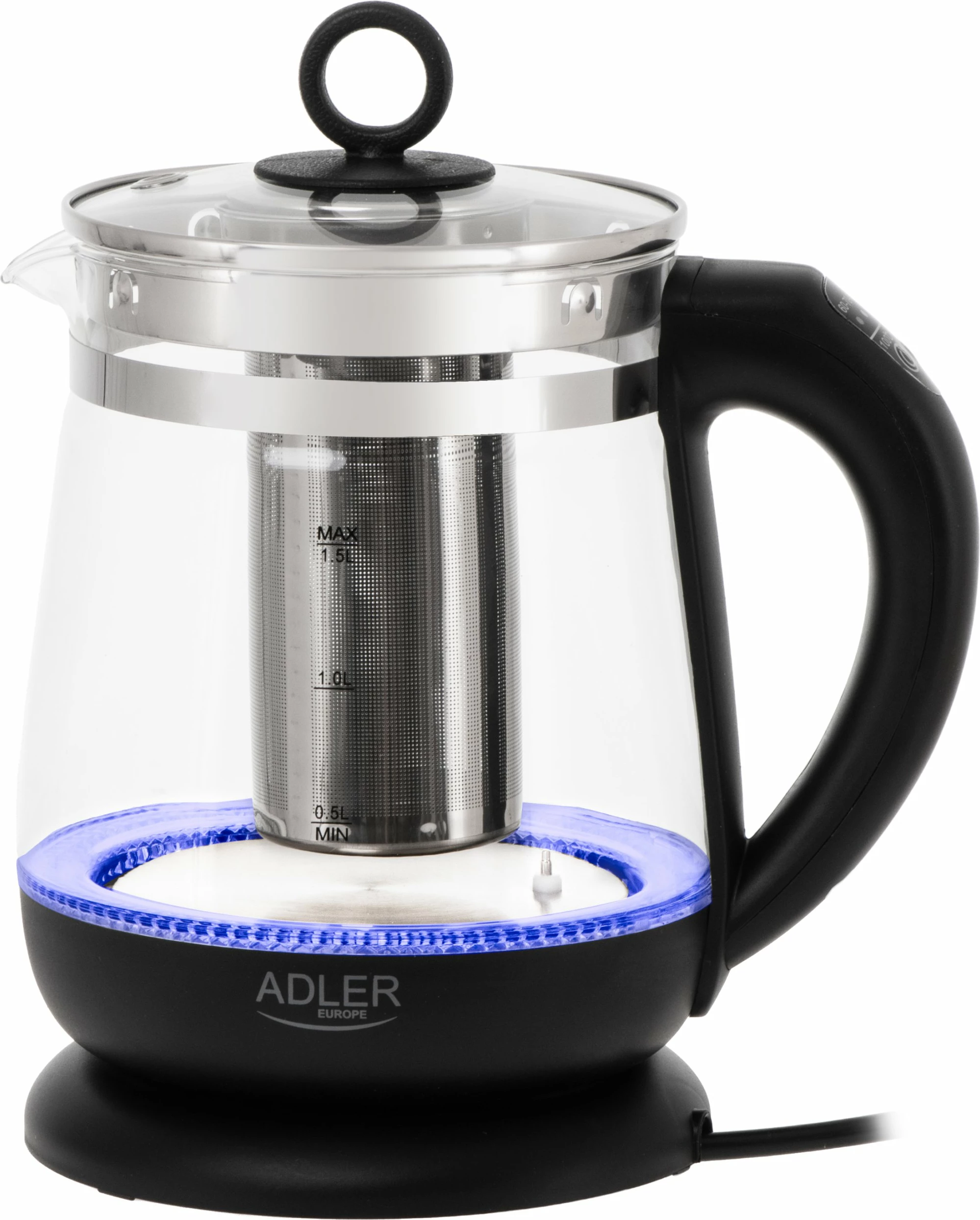 Çajnik elektrik Adler AD 1299 1.5L me kontroll temperature, qelq, infuzer, 2200W, i zi