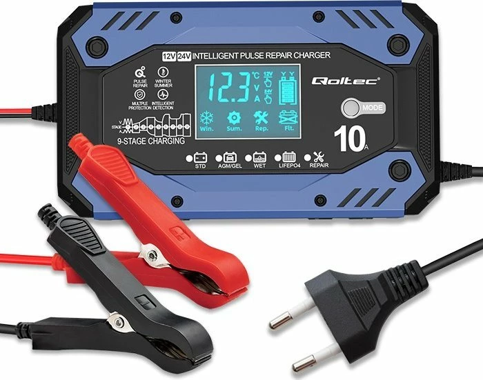 Karikues inteligjent baterie Qoltec 12/24V, LCD, 9-faza, LiFePO4/AGM/GEL/STD, blu