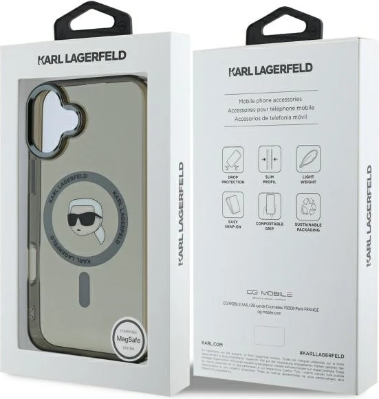 Mbështjellës Karl Lagerfeld IML Metal Karl Head MagSafe për iPhone 16, Zi