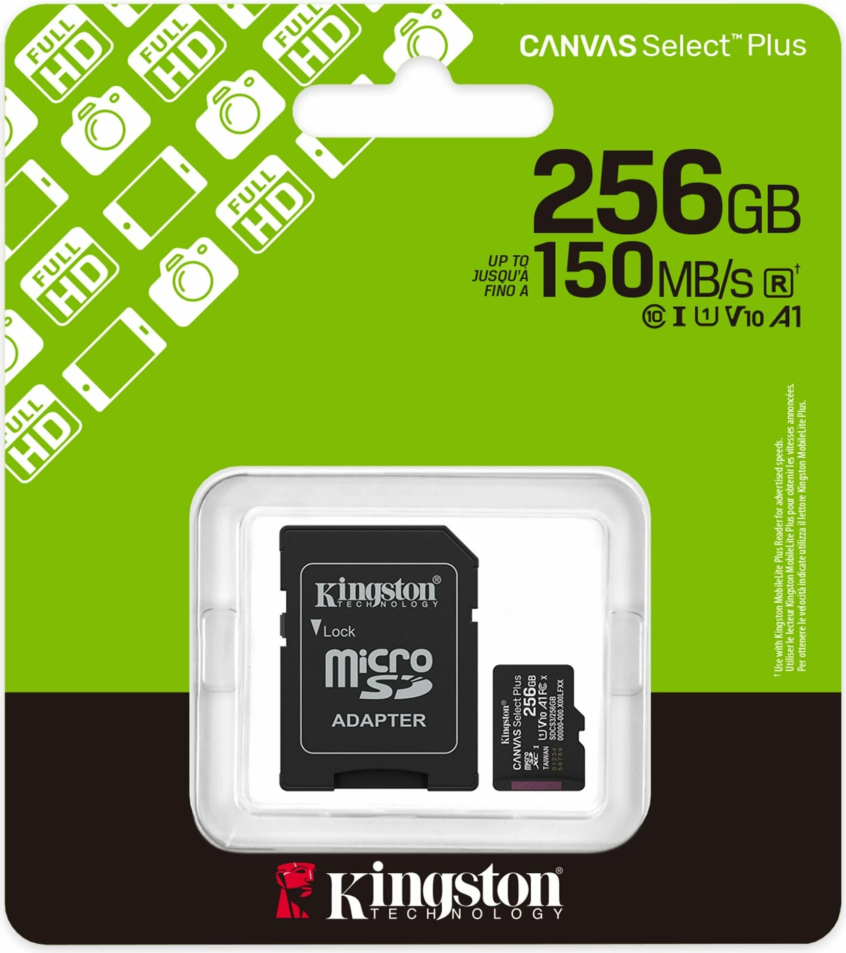 Kartë memorie microSDXC Kingston Canvas Select Plus 256GB UHS-I/U1 A1 V10 (SDCS3/256GB), me adapter SD