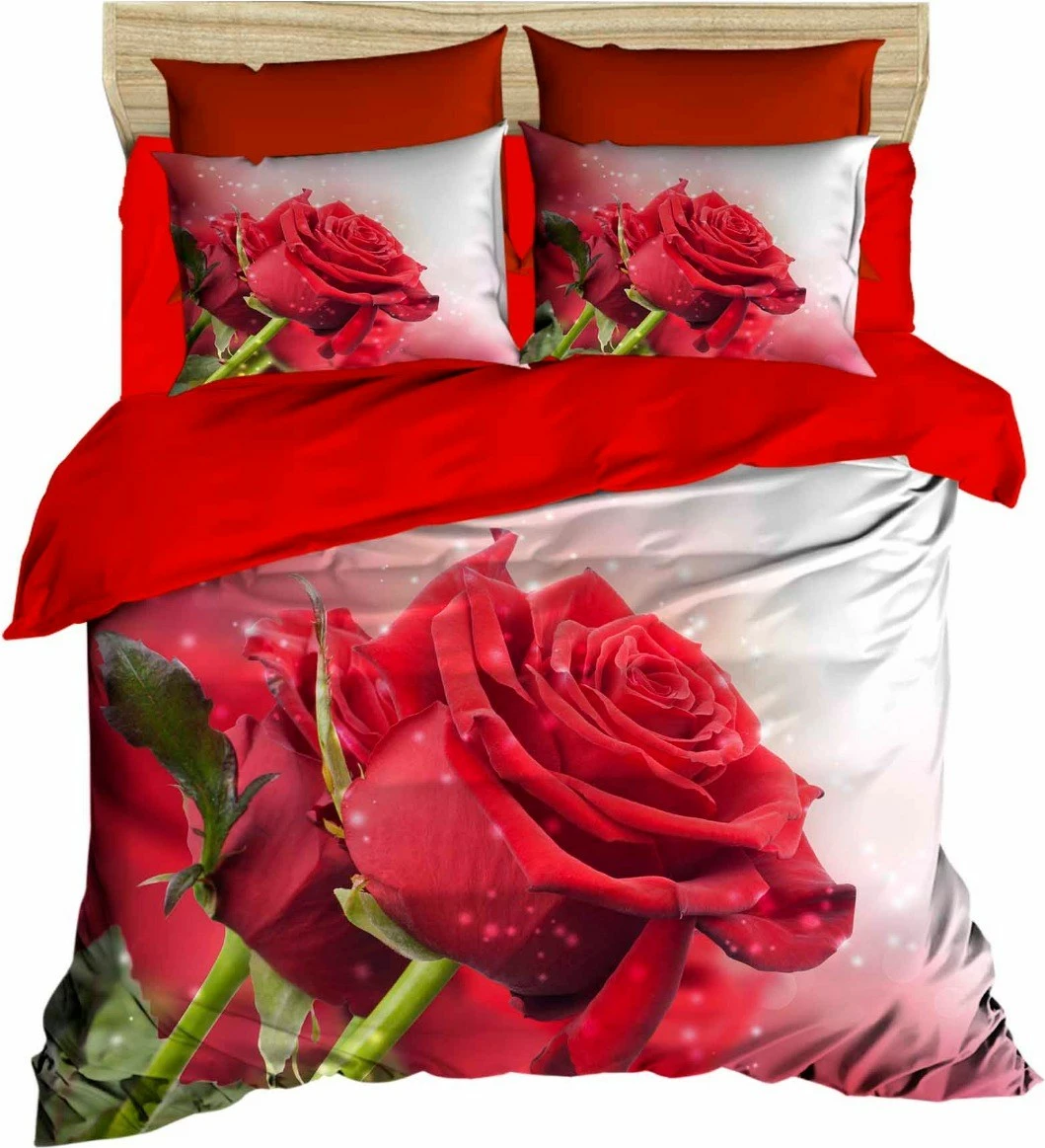 Set mbulesë për jorgan king size, L'essentiel, me lule trëndafili, e bardhë, e kuqe, e gjelbër, 240x220cm, 2 jastëkë 50x80cm