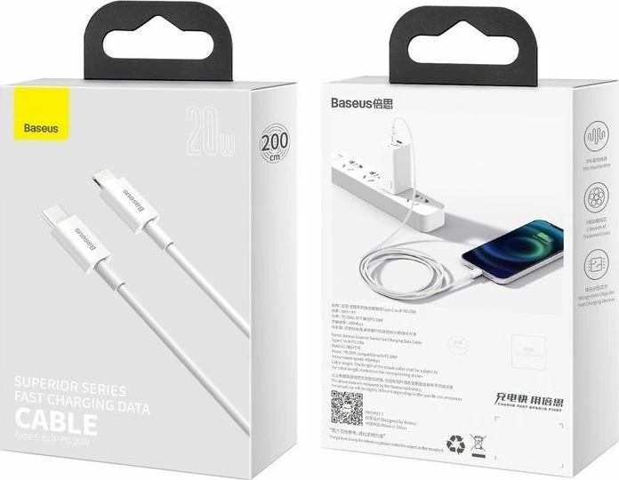 Kabllo USB-C në Lightning Baseus Superior Series CATLYS-C02 20W PD 2 m, e bardhë