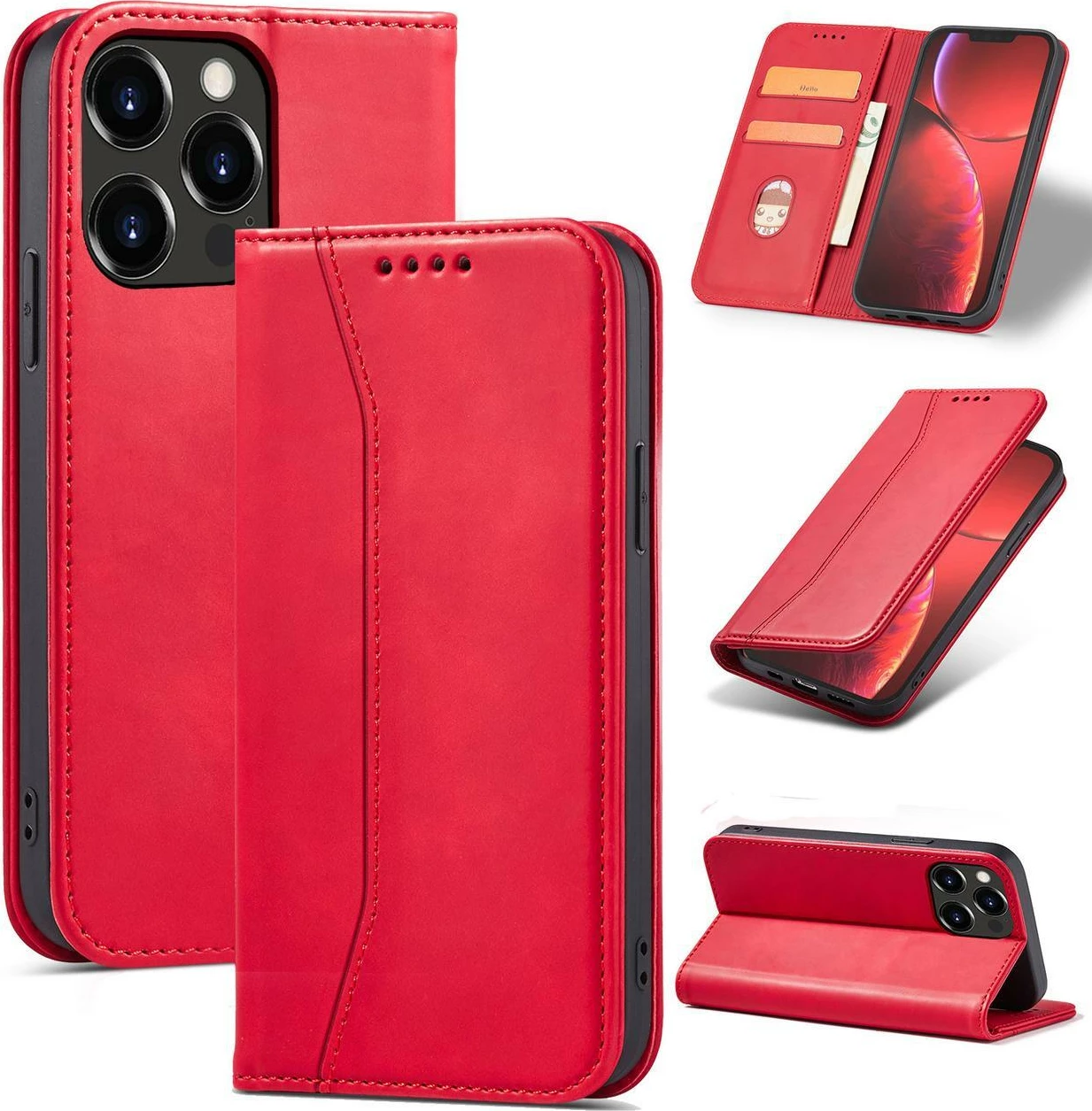 Mbështjellës Hurtel Magnet Fancy Case për iPhone 14 Pro Max, me portofol dhe mbajtëse, Kuq