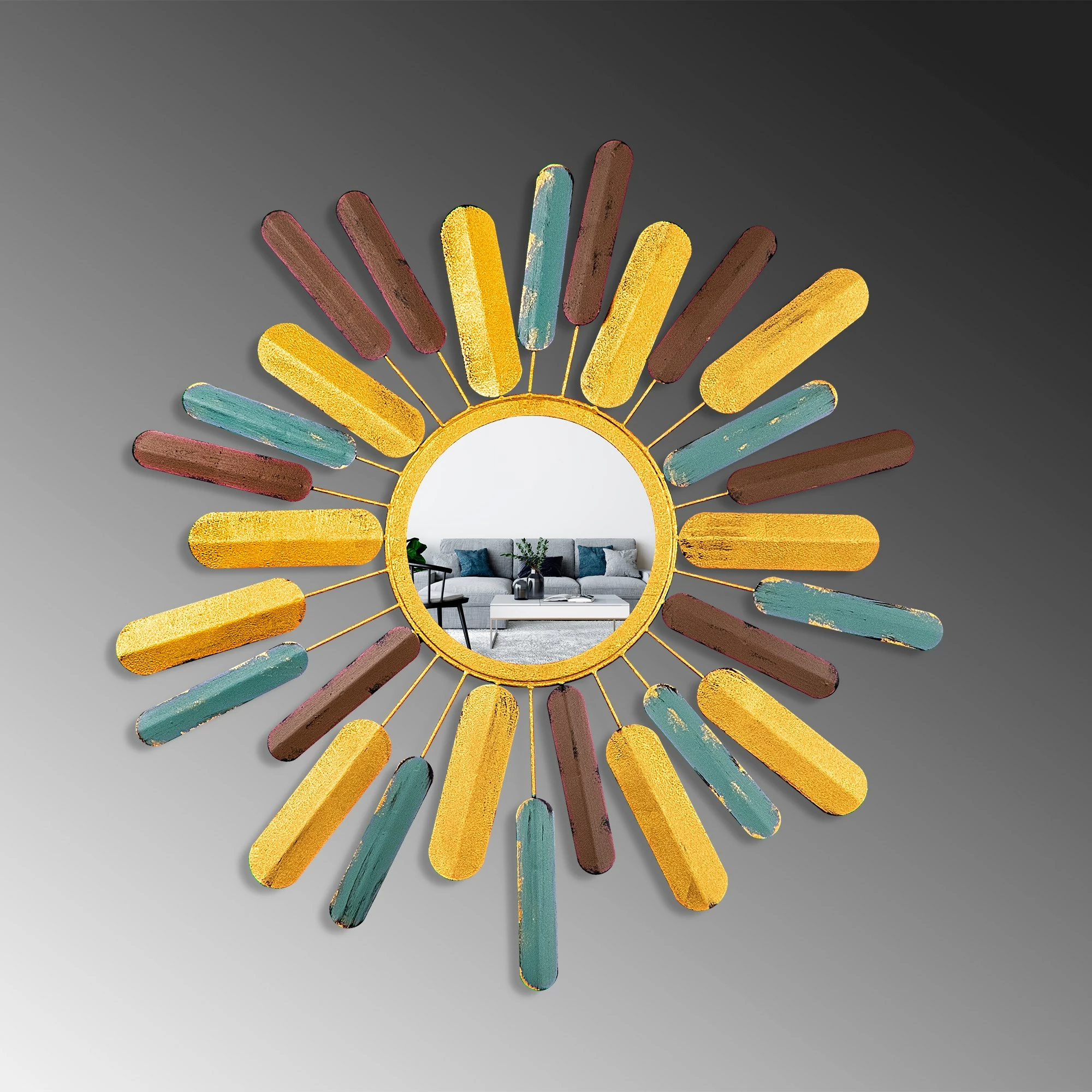 Pasqyrë dekorative, model dielli, shumëngjyrëshe, Mirror Sun 2, 75x75x4cm