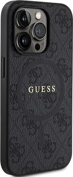 Mbështjellës Guess 4G Collection Leather Metal Logo MagSafe për iPhone 14 Pro Max, e zezë