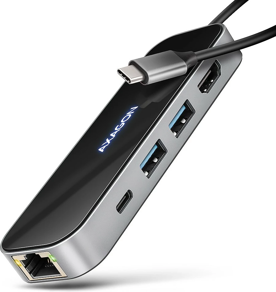 Hub USB-C 6-në-1 AXAGON HMC-6GLN, 5Gbps, 2xUSB-A, 1x USB-C, GLAN, HDMI 4K/60Hz, PD 100W, 20cm, zi/argjendtë
