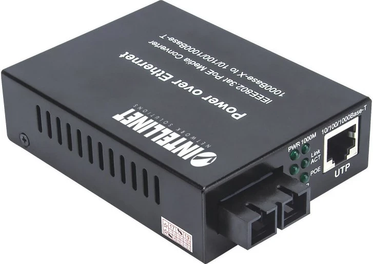 Konvertues Medial dhe Injektor PoE+ Intellinet 508209, 1000Base-T RJ45 / 1000Base-LX SC SM
