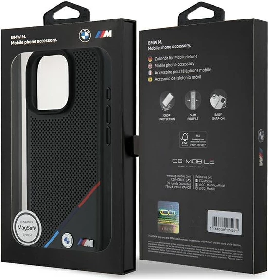 Mbështjellës BMW M Perforated Tricolor Line MagSafe për iPhone 16 Pro, Zi
