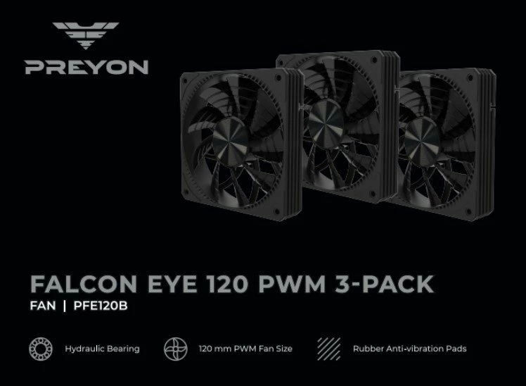 Ventilator kasë kompjuteri PREYON Falcon Eye PFE1203B 120 mm PWM, i zi, set 3 copë