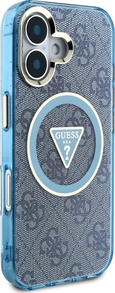 Mbështjellës Guess IML Metal Glitter 4G Circle Triangle MagSafe për iPhone 16, Kaltër