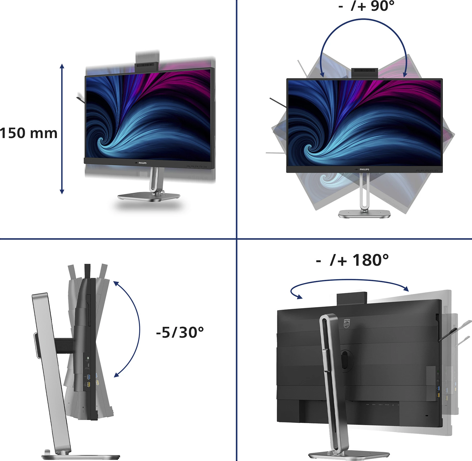Monitor Philips 4000 Series 27B2U4601H/00, 27", QHD 2560x1440, 120Hz, USB‑C Docking, webcam 5MP, i zi