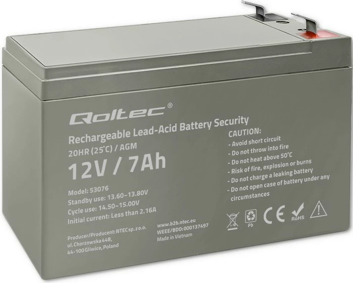 Bateri AGM Qoltec 53076, 12V, 7Ah, Gri