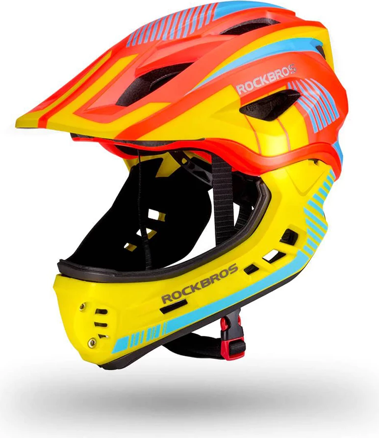 kaskë biçiklete fëmijësh, Rockbros TT-32SOYB-M, me mbrojtëse mjekre të heqshme, madhësi M (54-58 cm), portokalli-verdhë