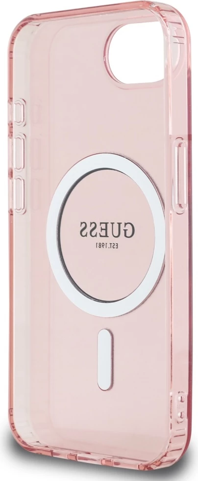 Mbështjellës Guess IML Glitter Circle MagSafe për iPhone 16e, rozë