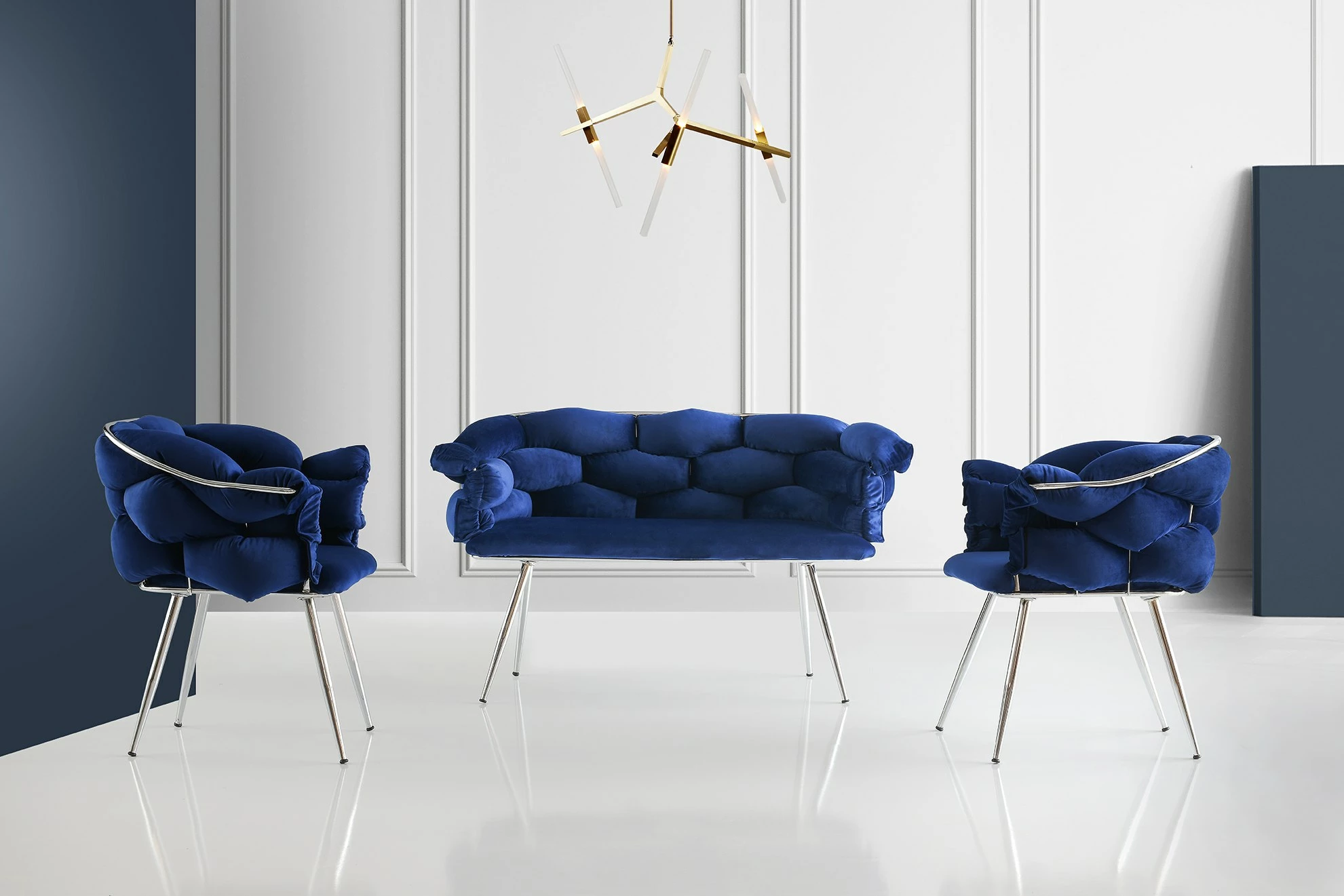 Set divanesh Hanah Home, Balon, ngjyrë blu e errët, këmbë kromi, 3 pjesë
