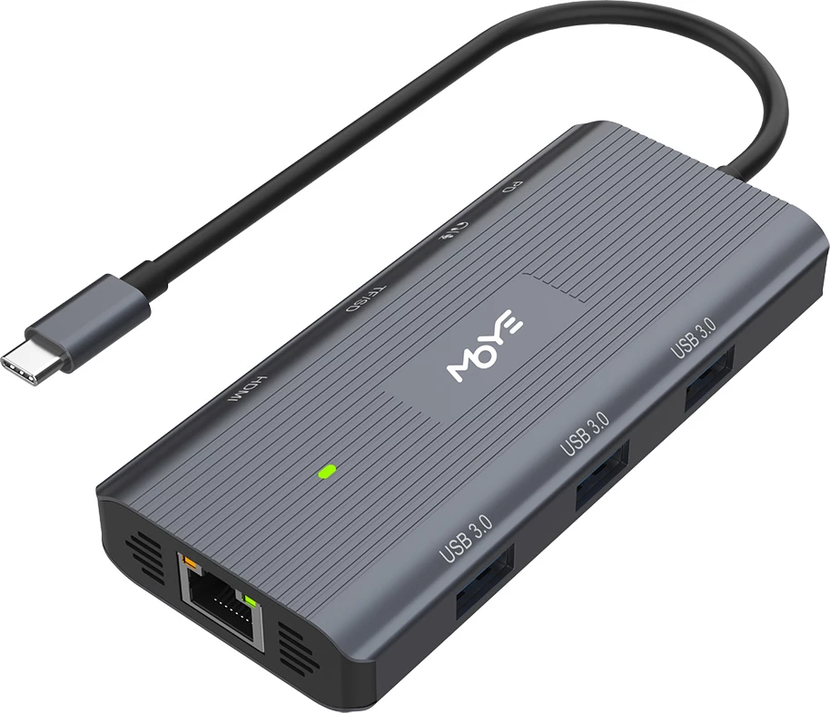 Hub USB-C 9-në-1 Moye Core Multiport X9, HDMI 4K, LAN Gigabit, PD 85W, 3x USB 3.0, SD/TF, kabllo 16 cm, gri