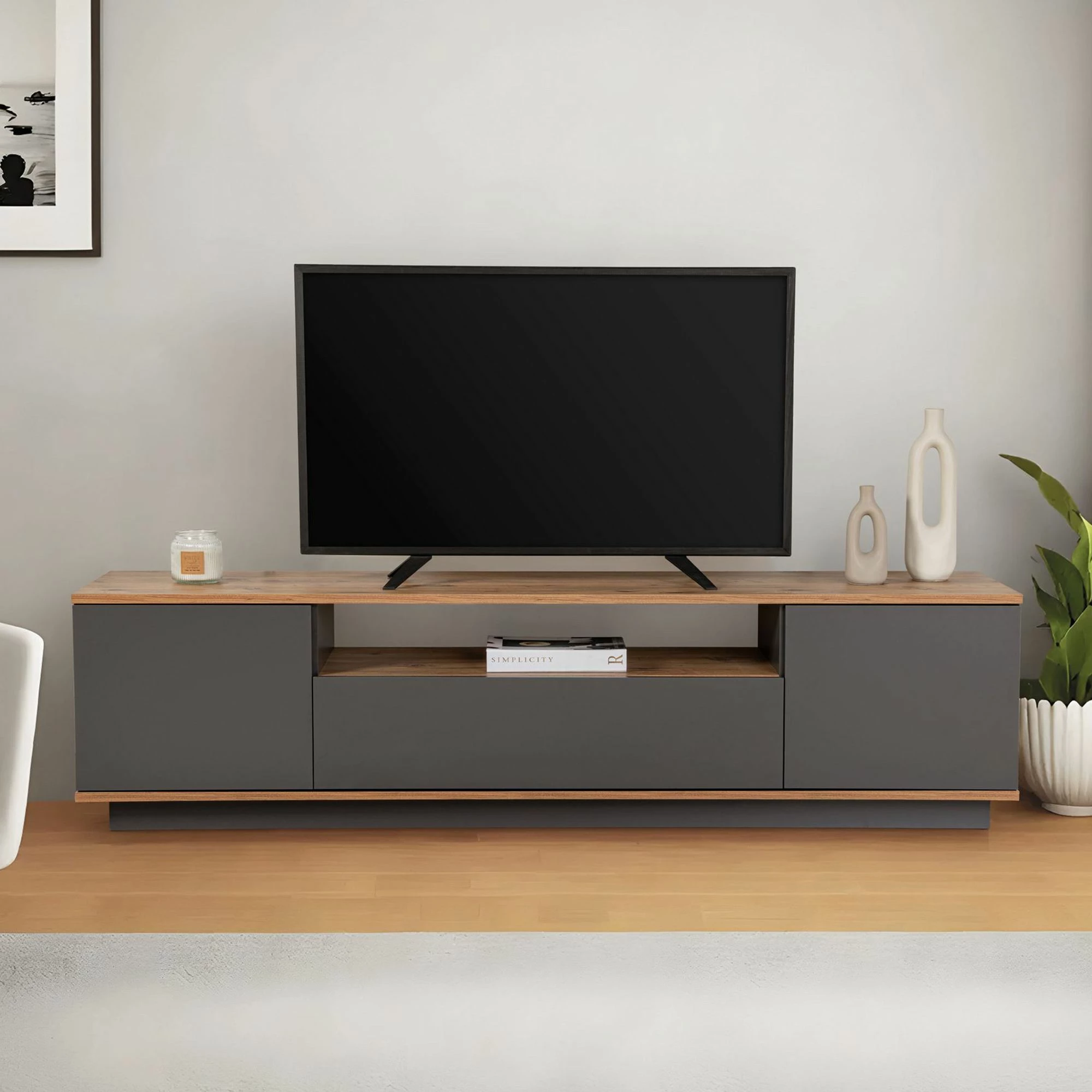 Komodë TV Skye Decor, ngjyrë antracit dhe pishë atlantike, Veramont