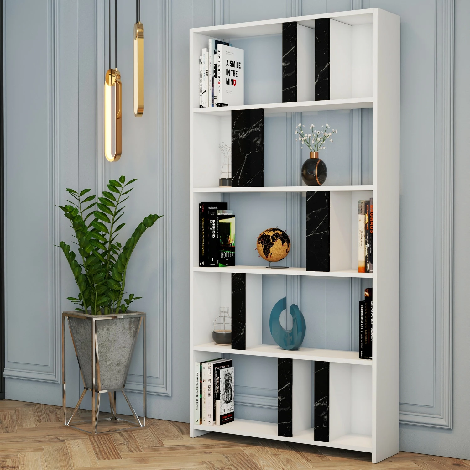 Raft librash Hanah Home, Lima, bardhë, mermer i zi