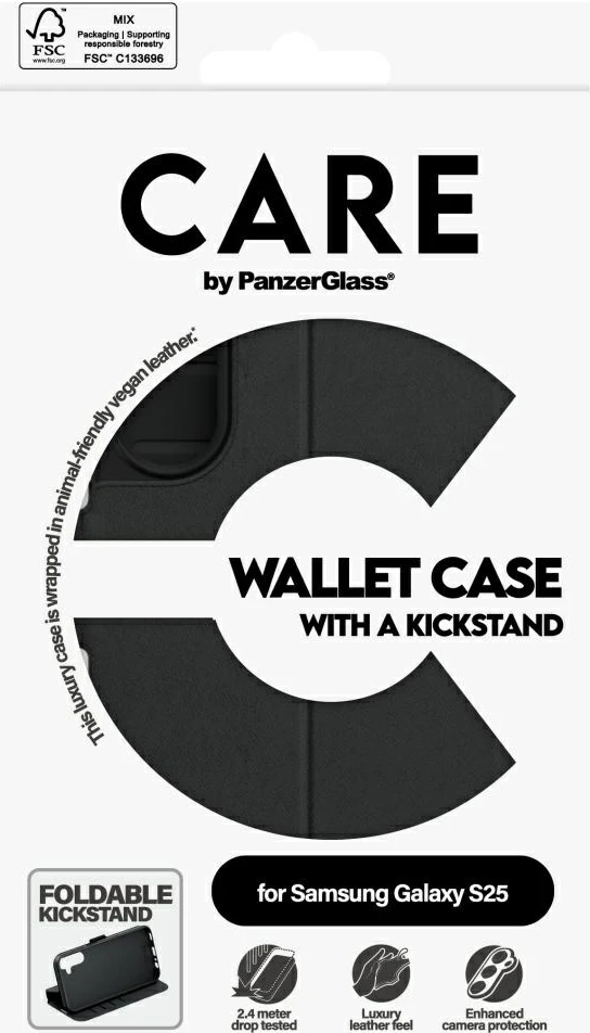 Mbështjellës PanzerGlass CARE wallet me kickstand për Samsung Galaxy S25, Zi