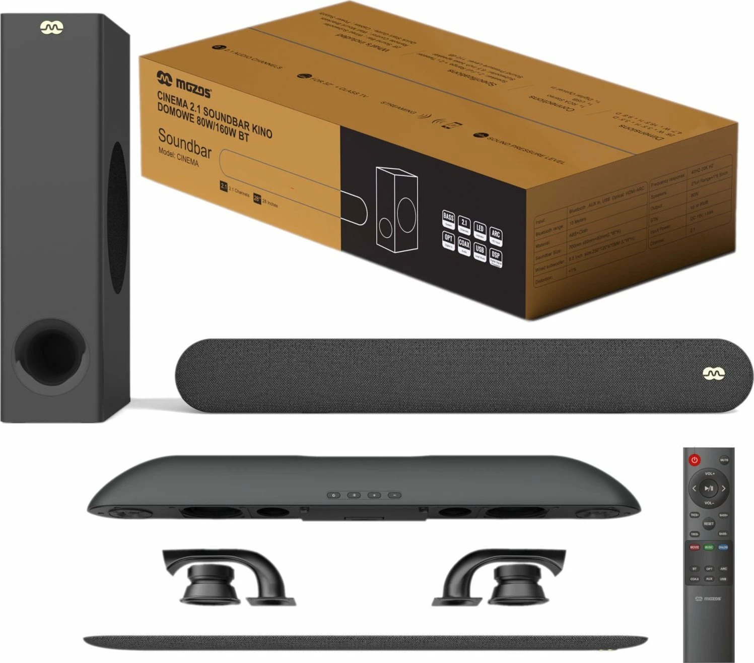 Soundbar Mozos Cinema 2.1 80W RMS/160W peak Bluetooth 5.0 HDMI ARC, e zezë, set me subwoofer + telekomandë