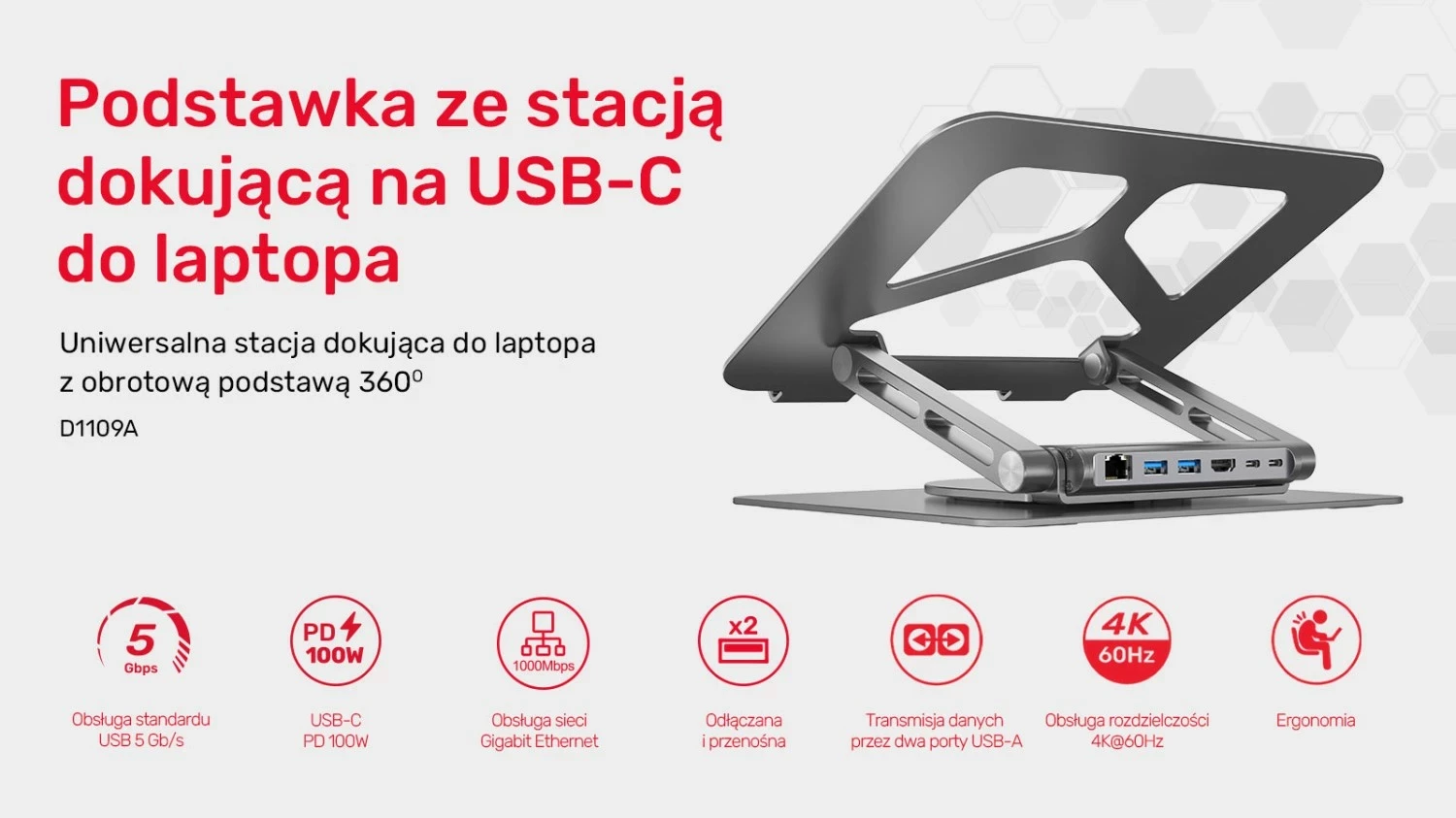 Podstavek për laptop Unitek USB-C HDMI 4K PD 100W, ngjyrë argjendi