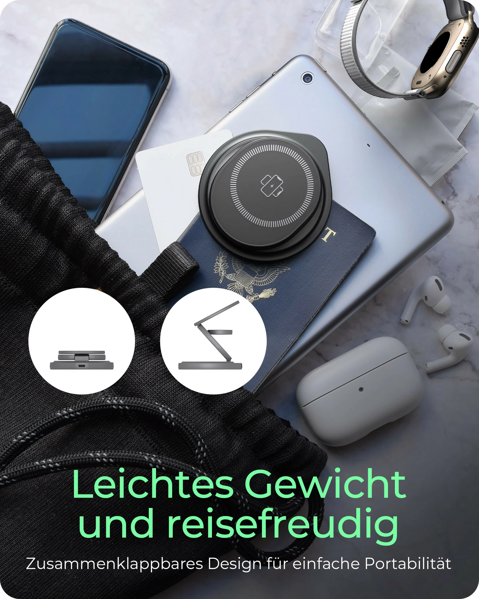 Stacion karikimi magnetik ICY BOX 3-në-1 për iPhone/Apple Watch/AirPods, USB-C PD 15W, palosës, antracit/gri