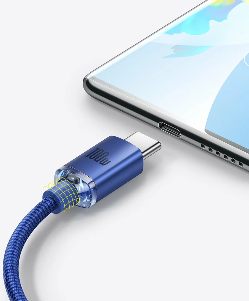 Kabllo karikimi e shpejtë Baseus Crystal Shine Series USB-A në USB-C, 1.2m, 100W, Kaltër