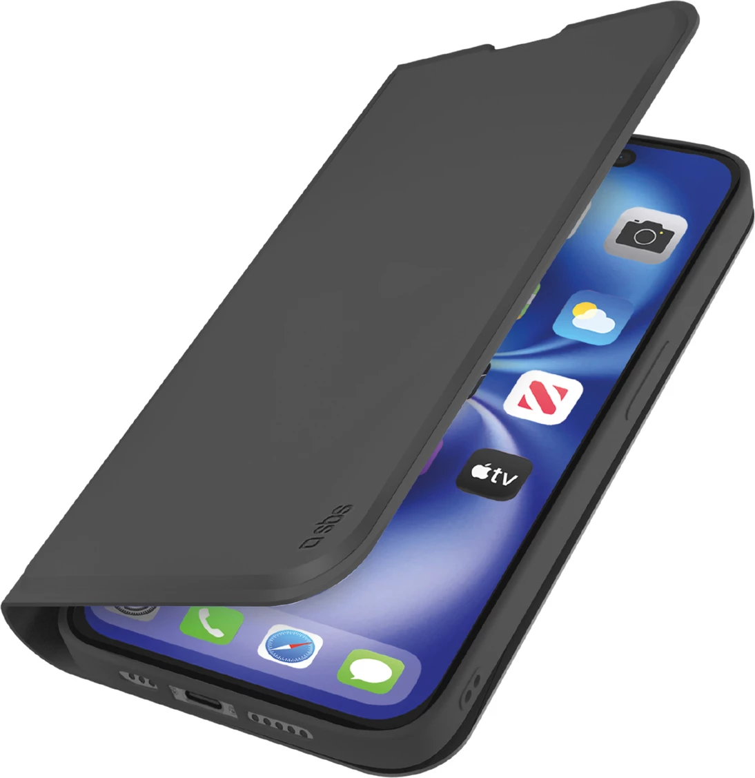 Mbështjellës me kapak SBS Wallet Smooth për iPhone 16e/17e, me xhep karte, me stand, i zi, në kuti