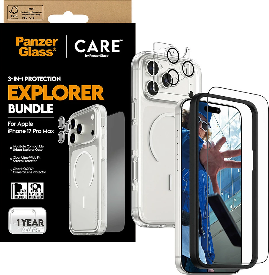 Mbështjellës PanzerGlass CARE 3-in-1 Flagship Explorer Bundle për iPhone 17 Pro Max, transparent