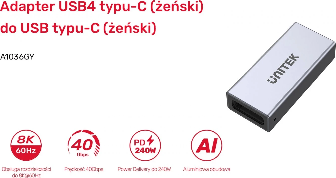 Lidhës Unitek USB-C(F) - USB-C(F) 8K 40Gbps 240W, ngjyrë argjendi