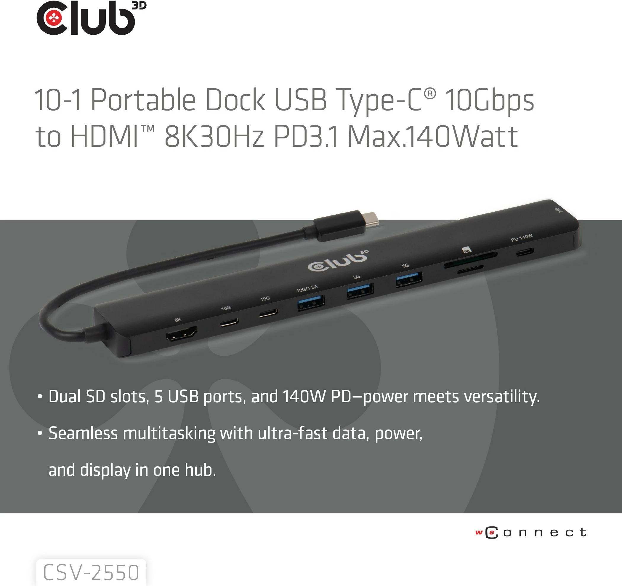 USB-C HUB Club3D 10in1, HDMI, 3xUSB-C, 3xUSB, LAN, 8K30Hz, PD140W, zi