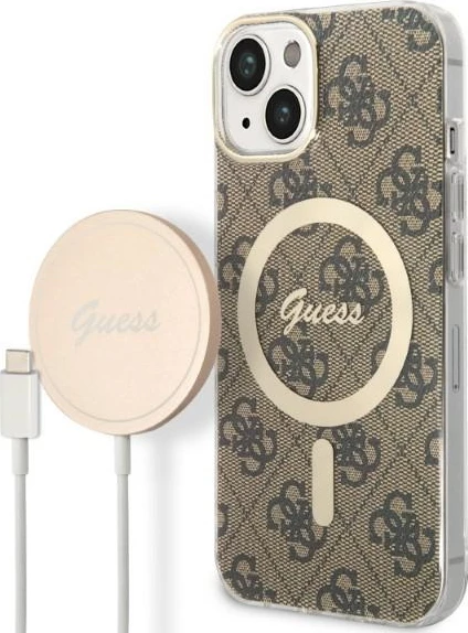 Set mbështjellës Guess GUBPP14SH4EACSW me karikues wireless për iPhone 14 6.1", kafe, MagSafe