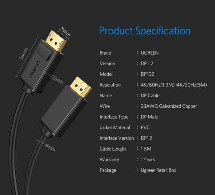 Kabllo DisplayPort UGREEN 10211 DP 1.2 2m 4K@60Hz, e zezë, BOX