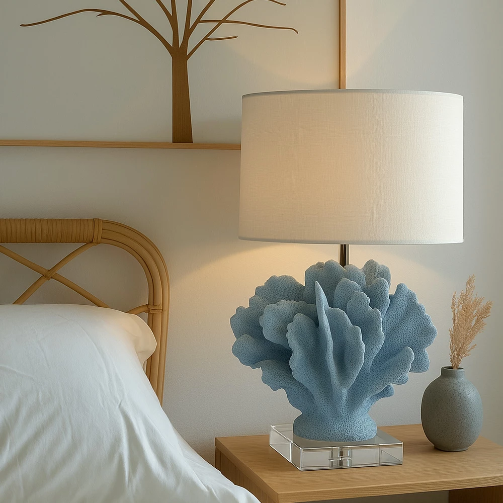 Llambë tavoline Ocean, polirezine, blu-bardhë, 40x39x63cm