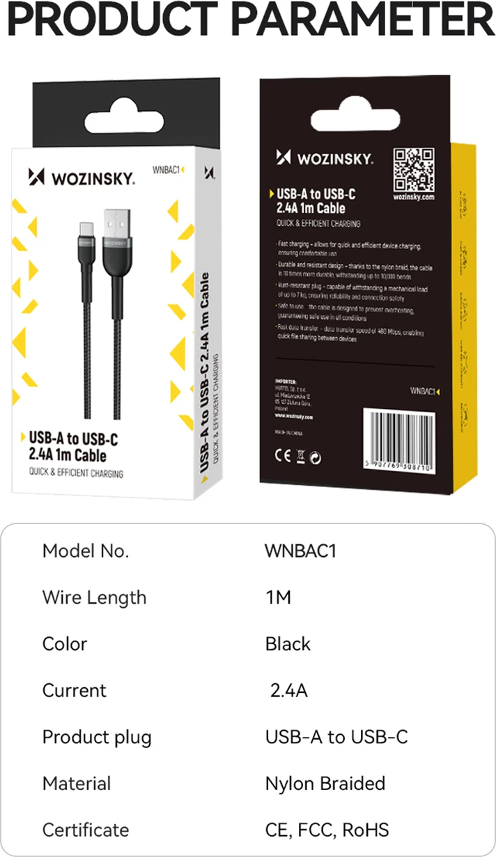 Kabllo USB Wozinsky WNBAC2, USB-A në USB-C, 2 m, 2.4A, najlon, e zezë