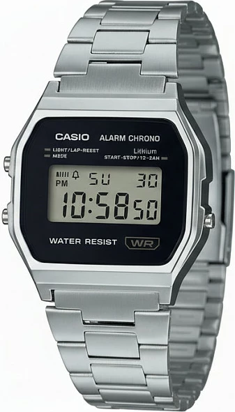Orë dore Casio A158WA Vintage, digjitale, rrip çeliku inox, argjend