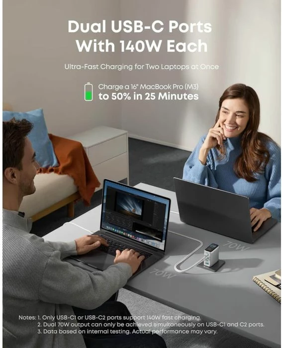 Karikues për laptop Anker B2697 140W GaN PD 3.1, 4 porta (3x USB-C + 1x USB-A), me ekran, gri, me kabllo USB-C në USB-C 1.5m