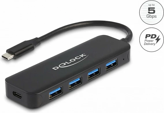Hub USB-C DeLOCK 4x USB-A + USB-C PD 85W, USB 3.2 Gen 1, i zi