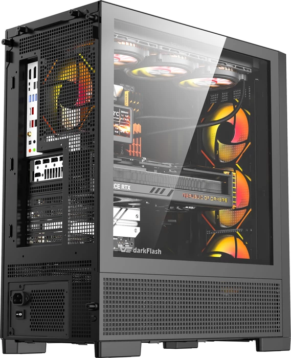 Kasë DarkFlash AIRNOVA Big Tower, suport E-ATX/ATX/M-ATX/ITX, USB-C Gen2 10 Gbps, deri 10 tifozë, e zezë, set me 3 tifozë