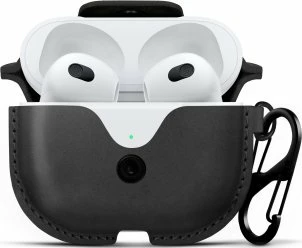 Mbështjellës mbrojtës Twelve South AirSnap për Apple AirPods (3rd Gen), lëkurë, me kapëse metalike, me klips S dhe rrip dore, i zi