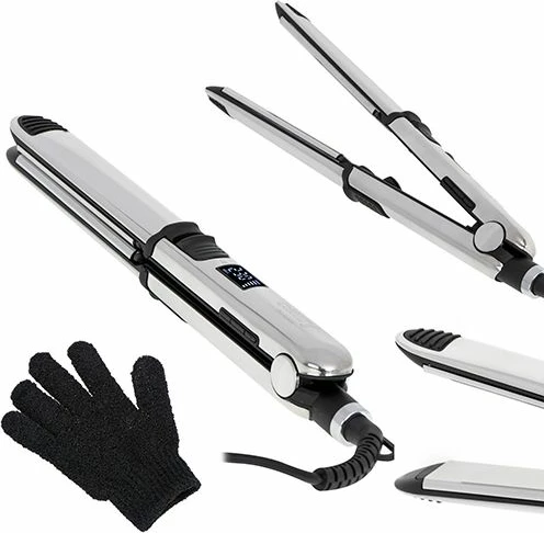 Drejtues flokësh CAMRY CR2320C me funksion jonik, pllaka titani 28x110 mm, 6 temperatura 130-230°C, ekran LCD, 55W, argjendtë/zi