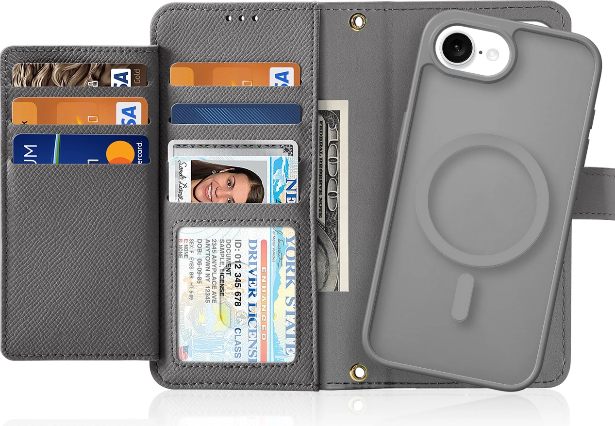 Mbështjellës Dux Ducis Lawa për iPhone 16e, lëkurë, me portofol magnetik, Gri