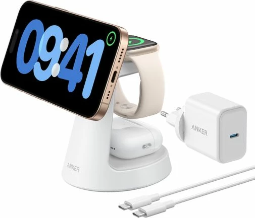 Stacion karikimi wireless 3-në-1 Anker MagGo B25M4G21 15W Qi2/MagSafe, i bardhë, set me adapter 40W dhe kabllo USB-C 1.5m