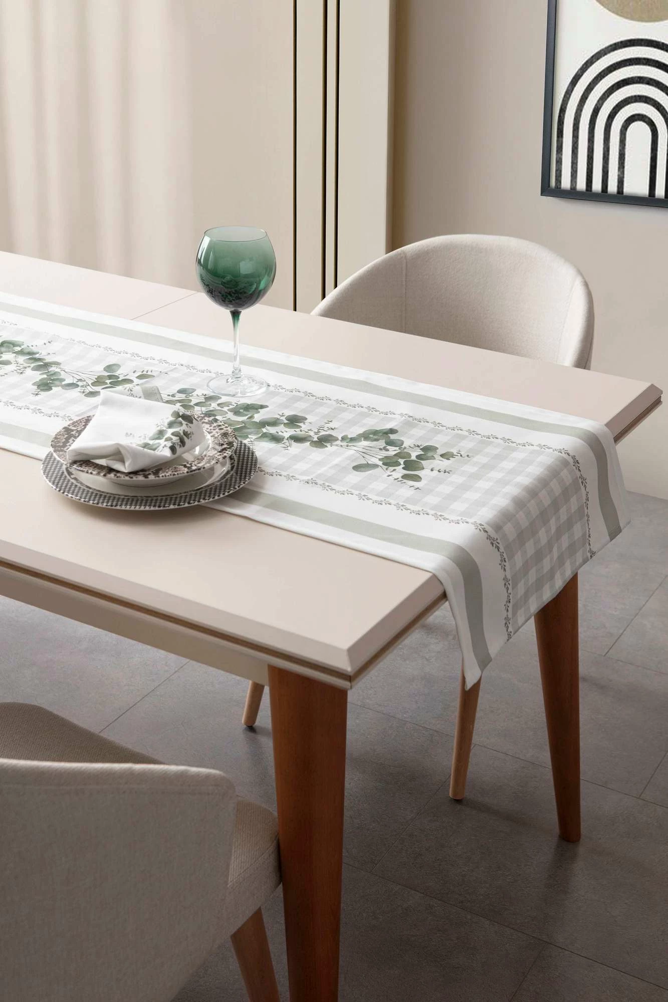 Raner pambuku, ngjyrë e gjelbër dhe e bardhë, Hermia, Eucalyptus, 50x150cm