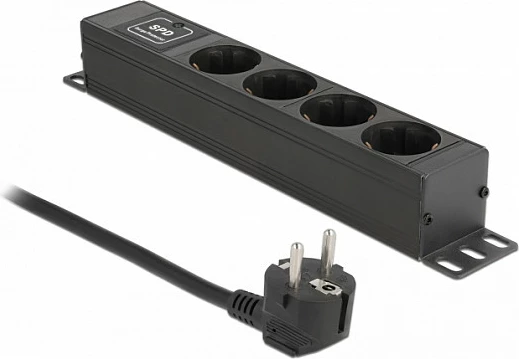 Zgjatës rryme DeLOCK 4-prizësh 1U me mbrojtje mbitensioni, Schuko Type F, 1.5 m, 3500 W, e zezë