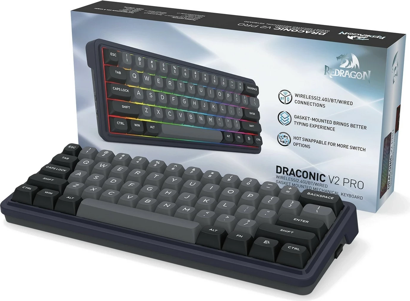 Tastierë Redragon Draconic V2 K730GB-RGB-PRO, 61 taste, RGB, wireless/wired, e zezë